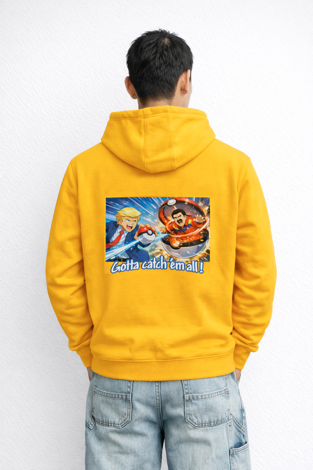 Person wearing a yellow hoodie with a graphic design on the back against a white background